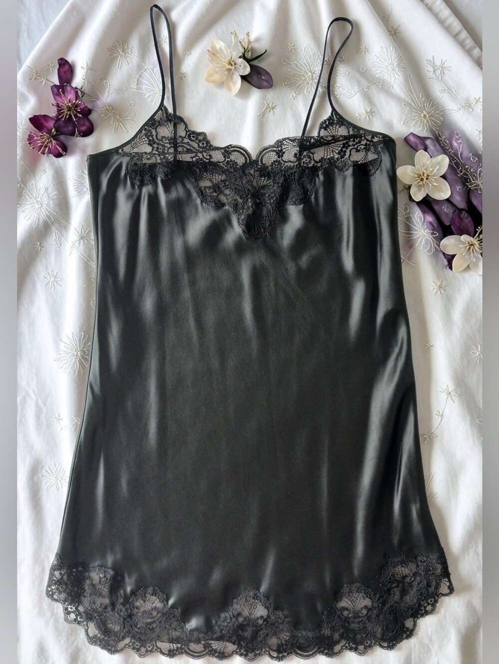 Adagio 100% Silk 90's Vintage Lace Trim Black Chemise Slip Made in Canada 🇨🇦